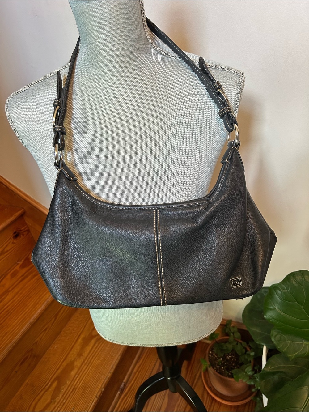The Sak Black Shoulder Bag with Cream Contrast Stitching